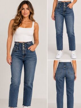 Unihome Studio High Waisted 4-Button Jeans Raw Hem L